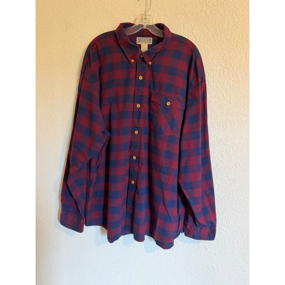 Duluth Trading Co Mens 2XL Flannel Shirt Burgundy Navy Blue Buffalo Plaid Cotton